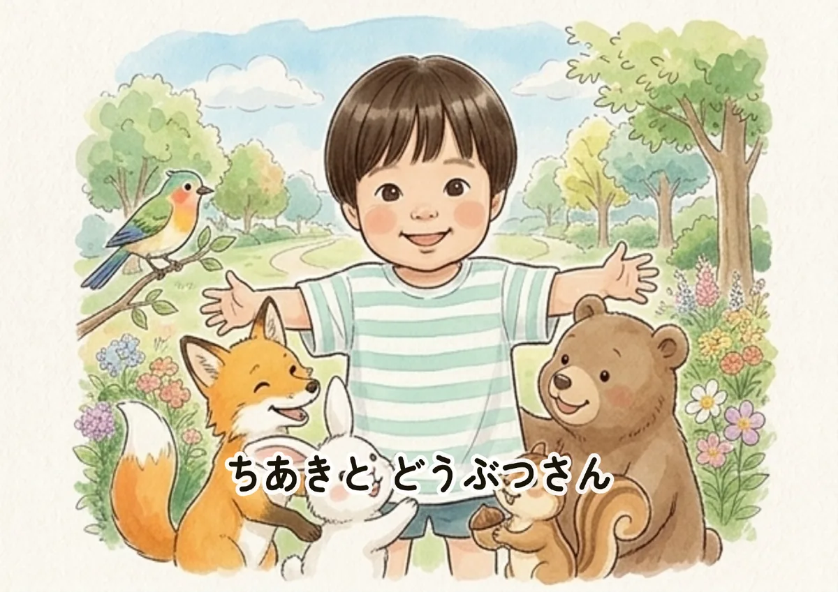 実際に生成された絵本「ちあきと どうぶつさん」の表紙
